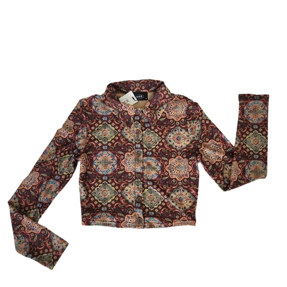 Cider Hippie Boho 70's long Sleeve Crop Top Medium collared button front Mandala